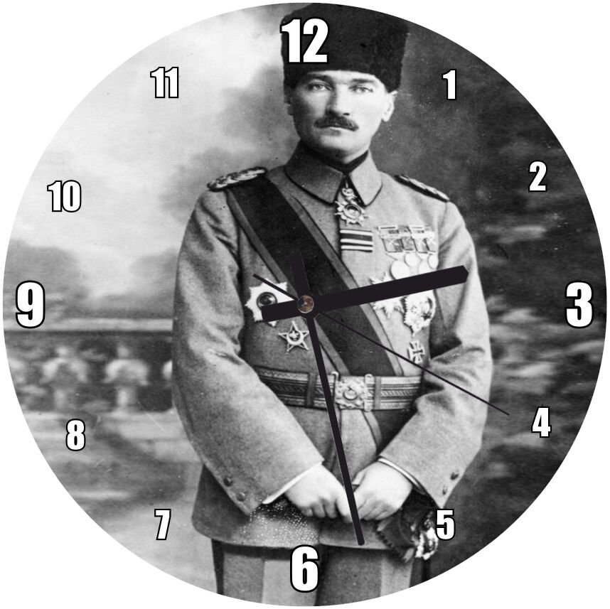 Atatürk Kalpaklı Madalyalı Ayakta Mdf Ahşap Duvar Saati 50 cm Çap