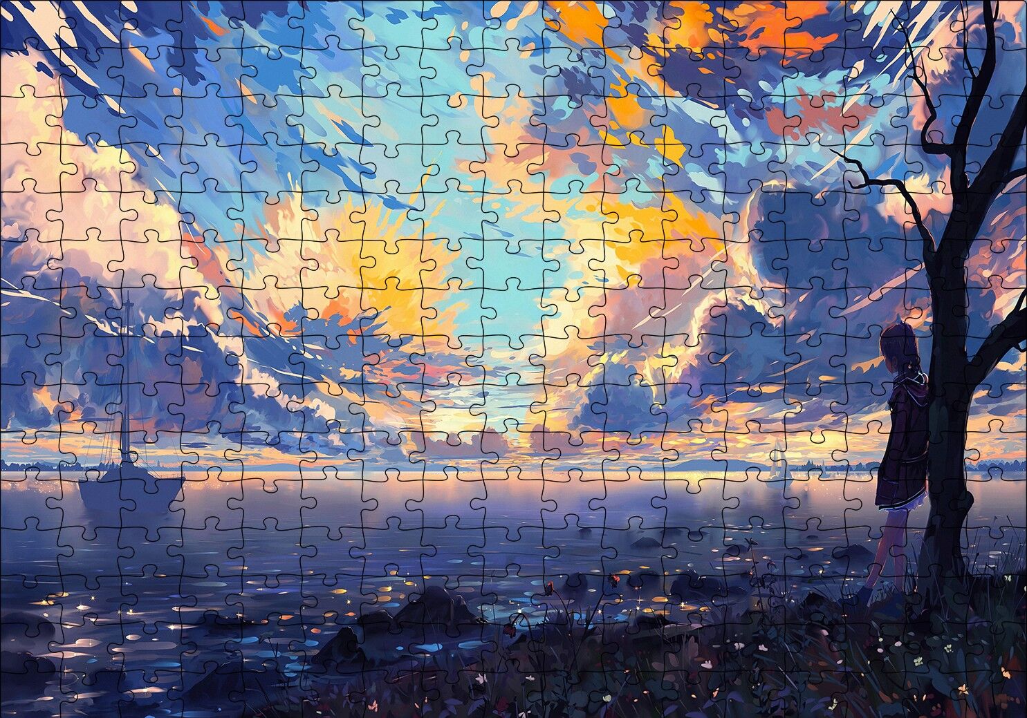Günbatımı Deniz Yelkenliler Kız ve Alacalı Gökyüzü Puzzle Yapboz MDF Ahşap 255 Parça 34 cm X 49 cm
