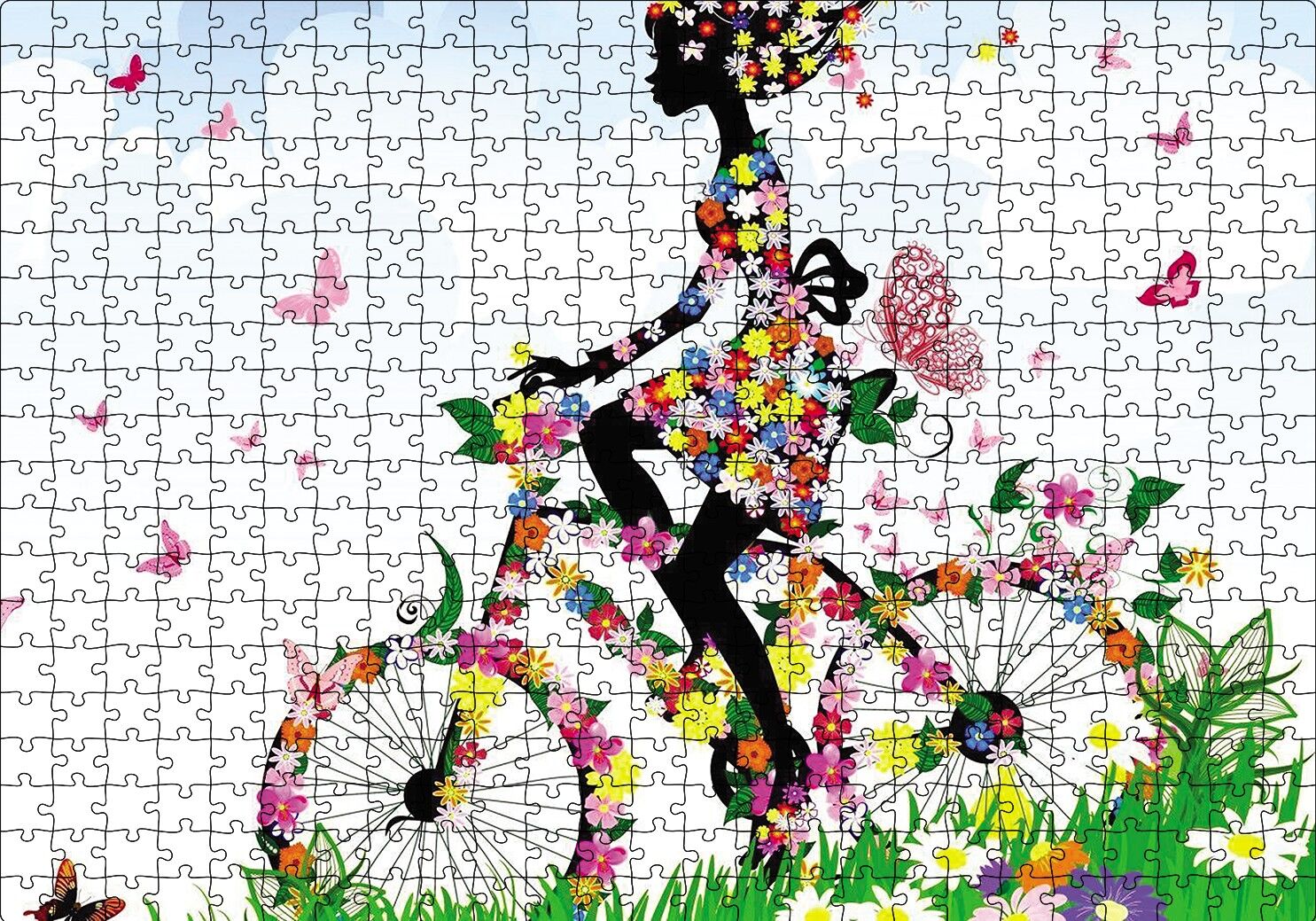Kelebekler Bisikletli Kız Puzzle Yapboz MDF Ahşap 500 Parça 49 cm X 68 cm