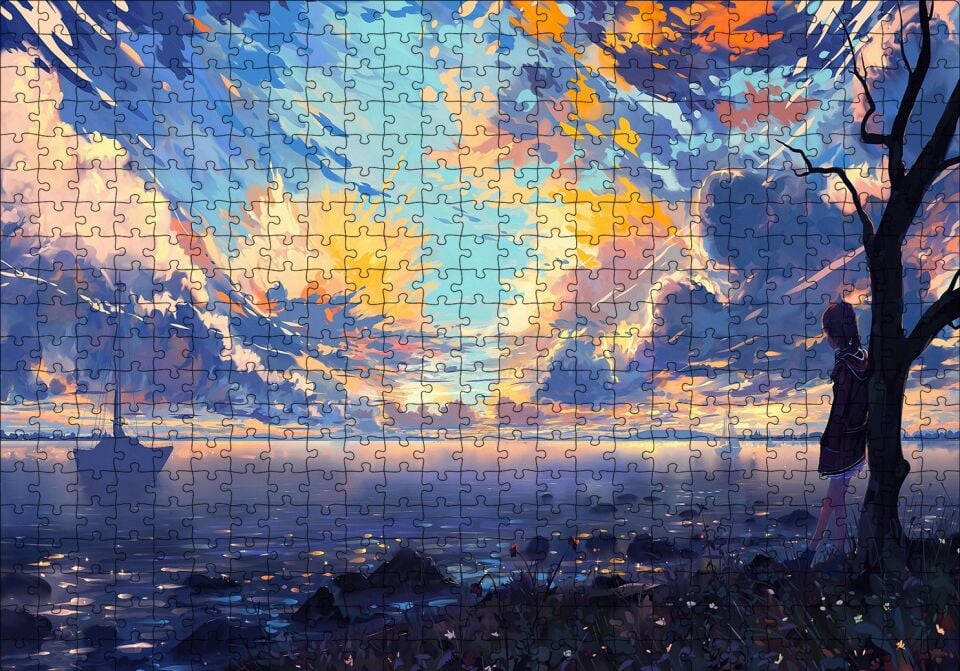 Günbatımı Deniz Yelkenliler Kız ve Alacalı Gökyüzü Puzzle Yapboz MDF Ahşap 500 Parça 49 cm X 68 cm
