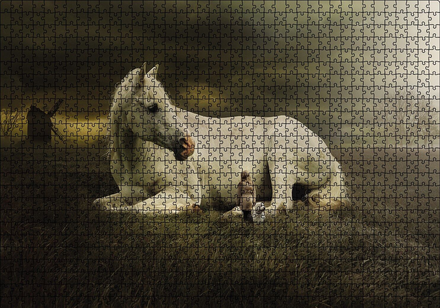 At Köpek Kız Çocuğu Fantatik Puzzle Yapboz MDF Ahşap 1000 Parça 49 cm X 68 cm