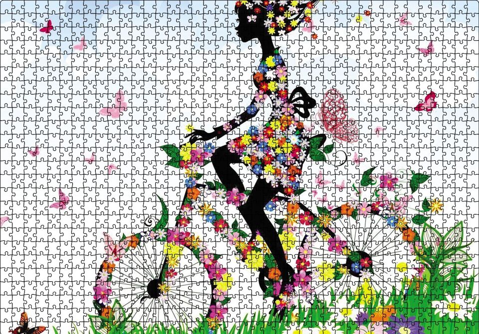 Kelebekler Bisikletli Kız Puzzle Yapboz MDF Ahşap 1000 Parça 49 cm X 68 cm