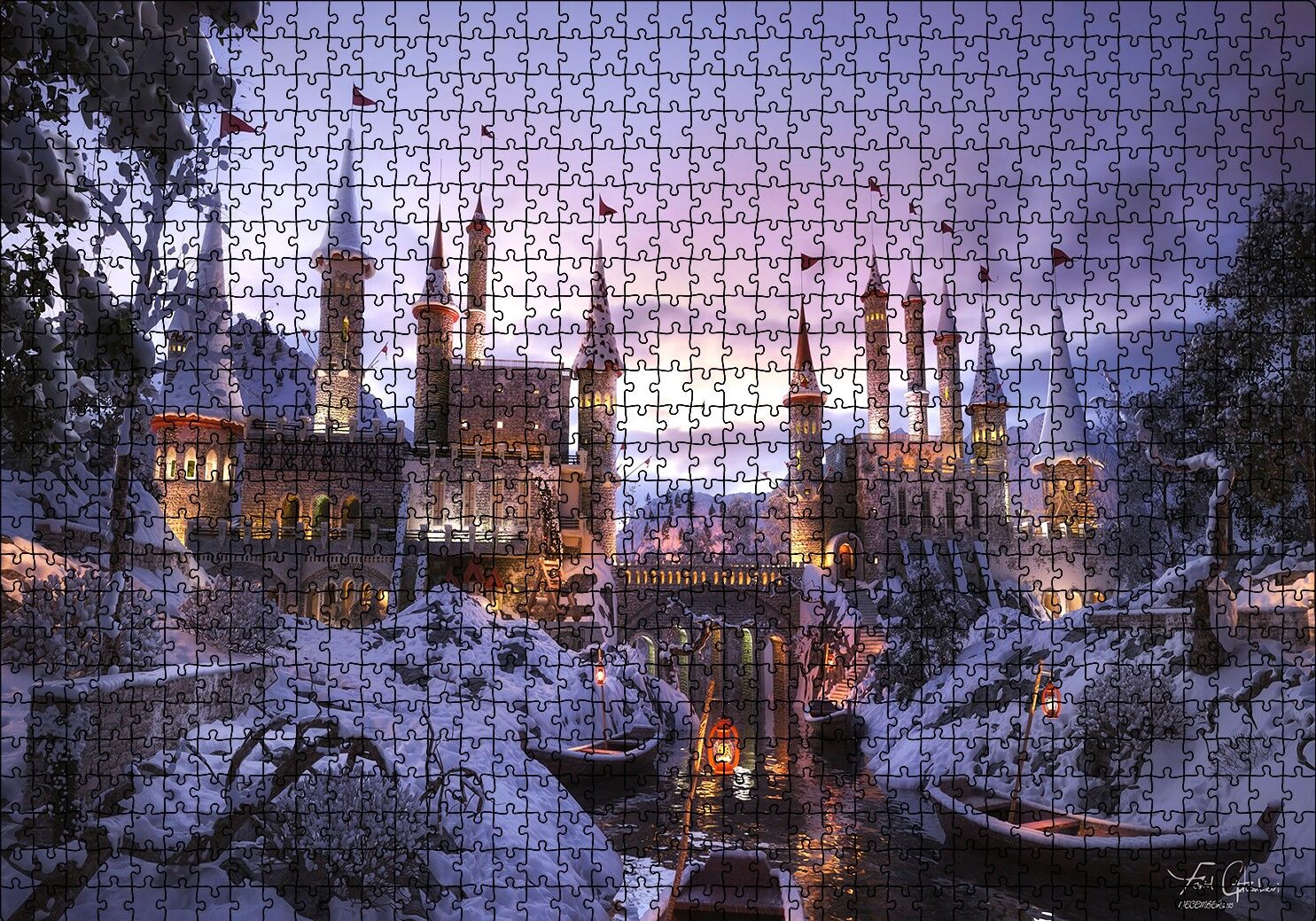 Karlı Nehir Köprü ve Tarihi Kale Puzzle Yapboz MDF Ahşap 1000 Parça 49 cm X 68 cm