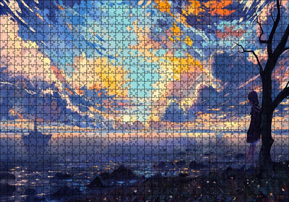 Günbatımı Deniz Yelkenliler Kız ve Alacalı Gökyüzü Puzzle Yapboz MDF Ahşap 1000 Parça 49 cm X 68 cm