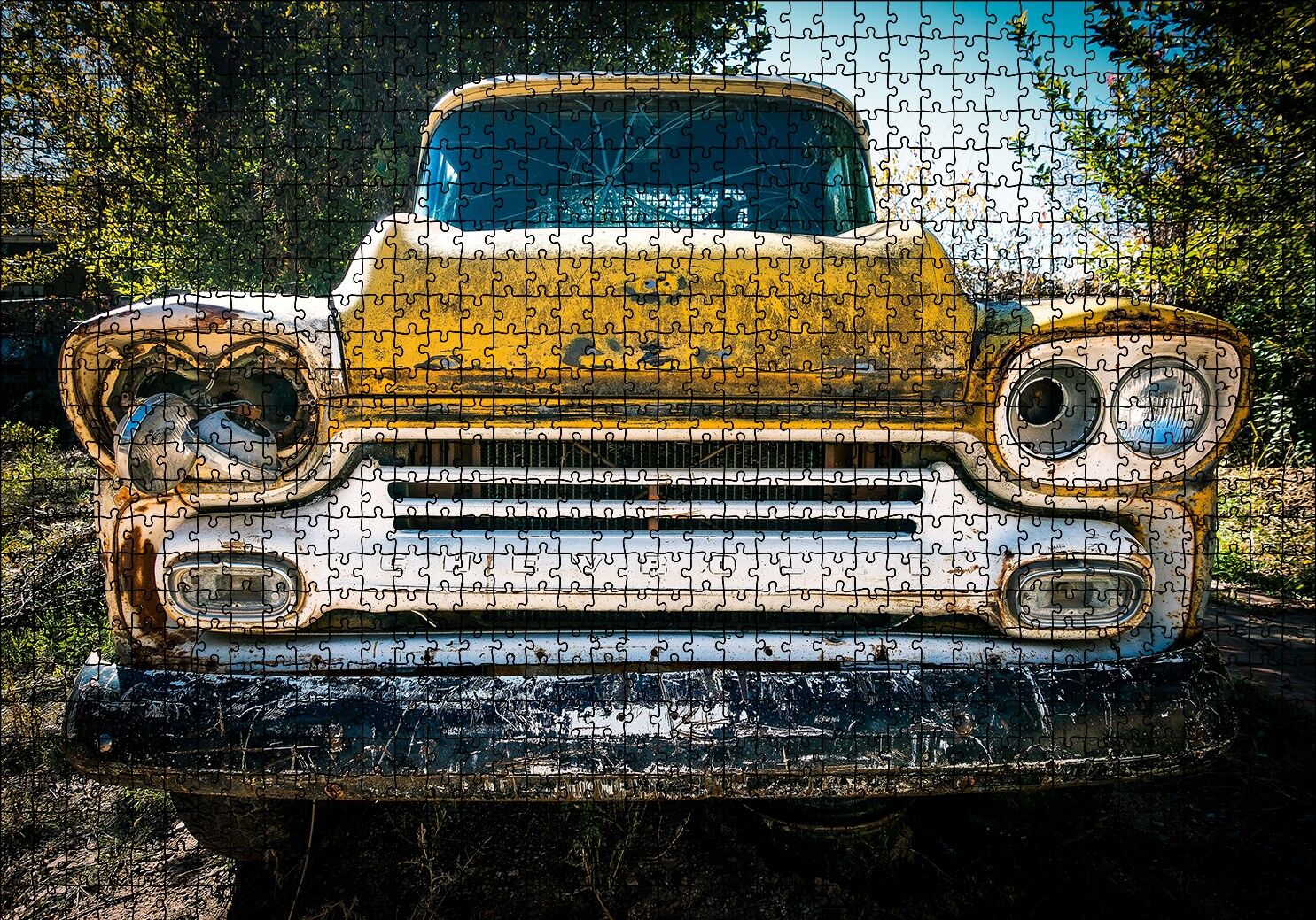 Sarı Eski Chevrolet Kamyonet Puzzle Yapboz MDF Ahşap 1000 Parça 49 cm X 68 cm