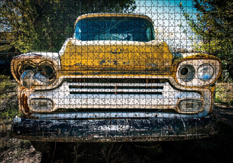 Sarı Eski Chevrolet Kamyonet Puzzle Yapboz MDF Ahşap 1000 Parça 49 cm X 68 cm