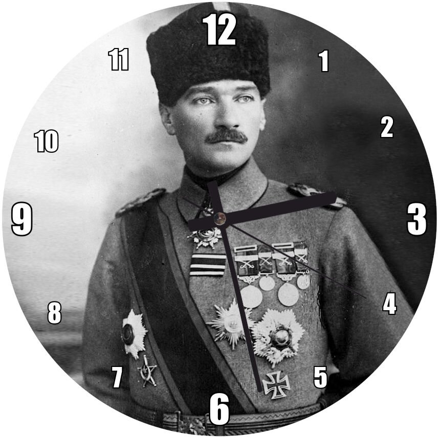 Atatürk Kalpaklı Madalyalı Mdf Ahşap Duvar Saati 50 cm Çap