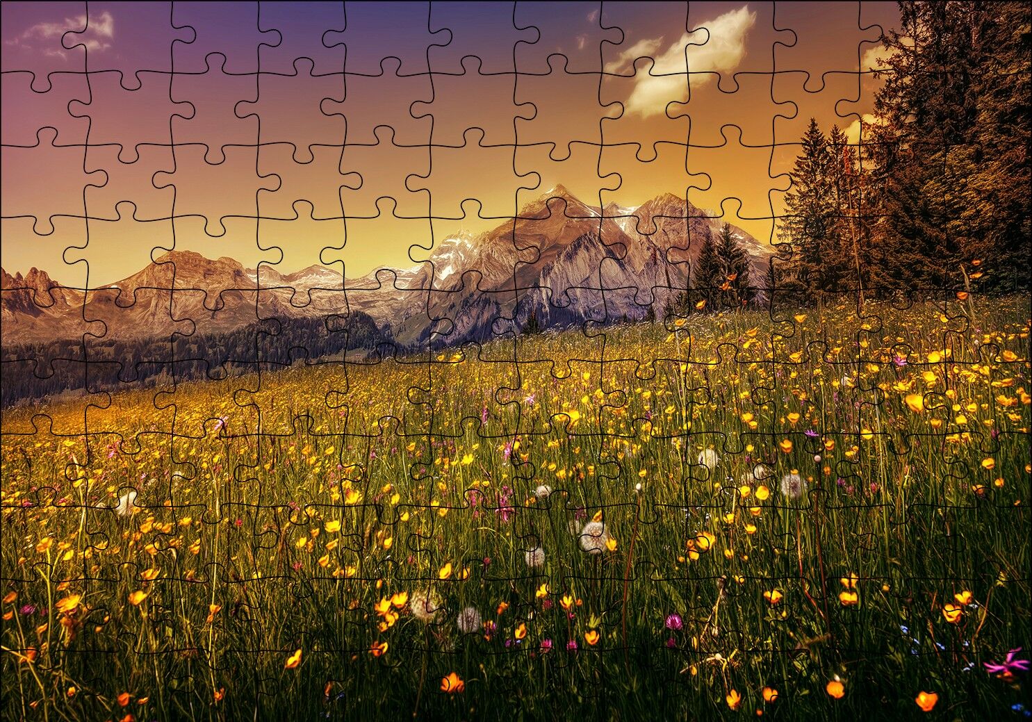 Karlı Zirveler ve Karahindiba Çiçekleri Puzzle Yapboz MDF Ahşap 120 Parça 24 cm X 34 cm
