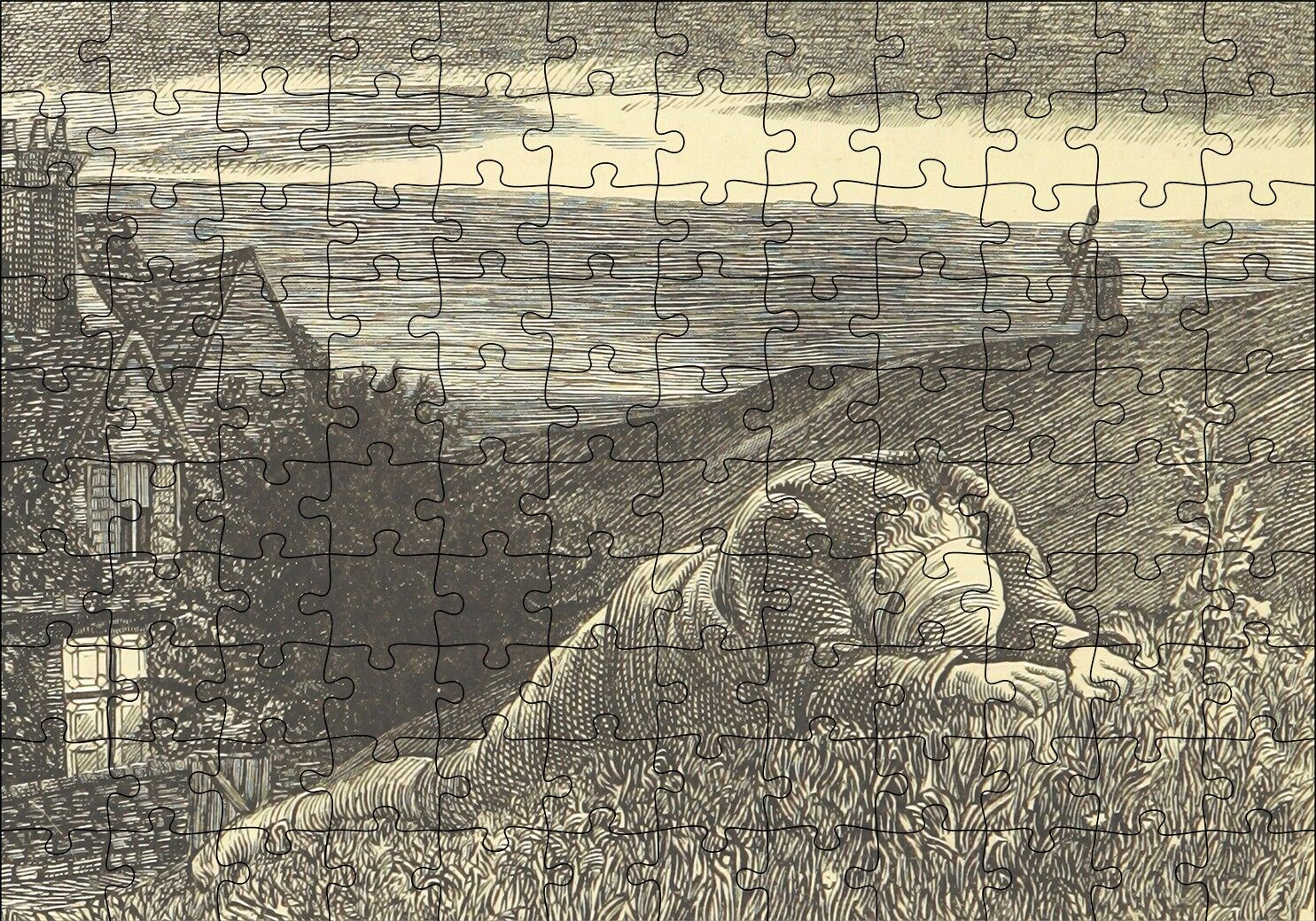 Şato Tepeler Yeldeğirmeni ve Uzanan Adam Puzzle Yapboz MDF Ahşap 120 Parça 24 cm X 34 cm