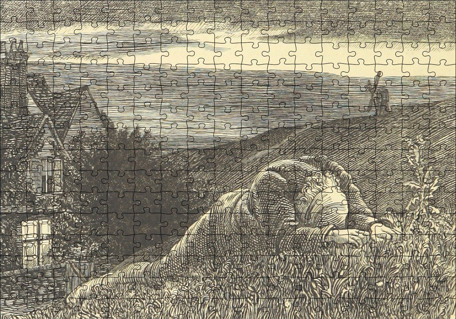 Şato Tepeler Yeldeğirmeni ve Uzanan Adam Puzzle Yapboz MDF Ahşap 255 Parça 34 cm X 49 cm