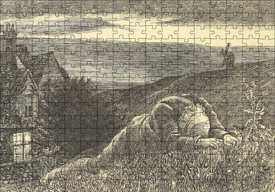 Şato Tepeler Yeldeğirmeni ve Uzanan Adam Puzzle Yapboz MDF Ahşap 255 Parça 34 cm X 49 cm