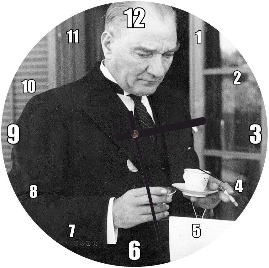 Atatürk Smokinli Kahve Sigara Mdf Ahşap Duvar Saati 30 cm Çap