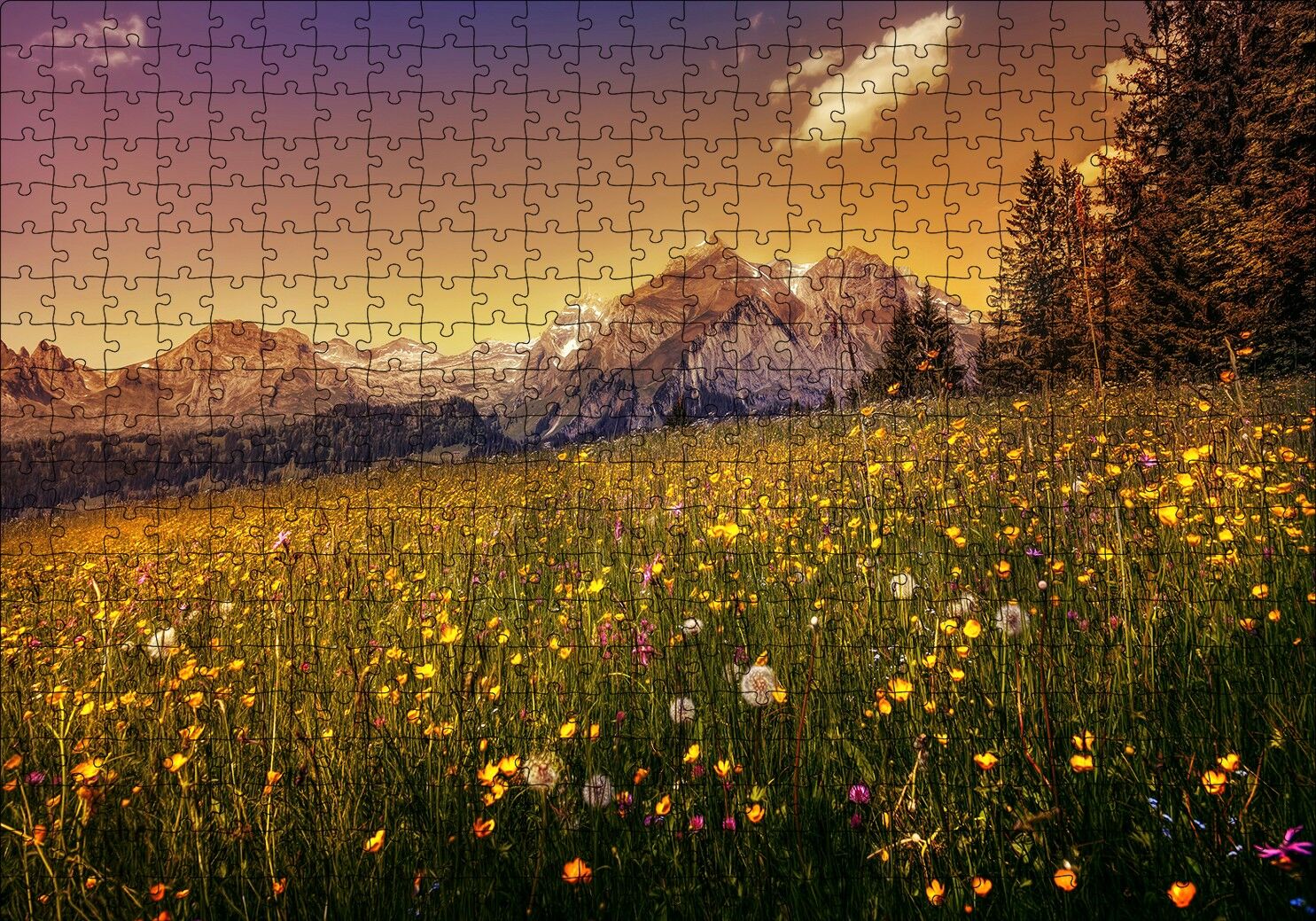 Karlı Zirveler ve Karahindiba Çiçekleri Puzzle Yapboz MDF Ahşap 500 Parça 49 cm X 68 cm