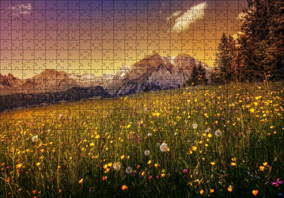 Karlı Zirveler ve Karahindiba Çiçekleri Puzzle Yapboz MDF Ahşap 500 Parça 49 cm X 68 cm