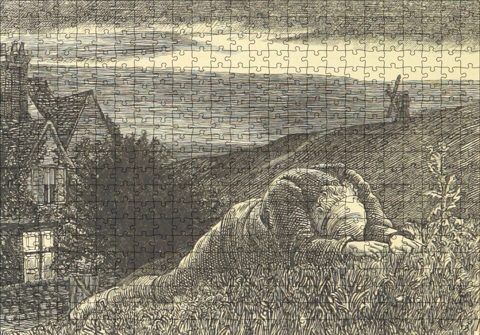 Şato Tepeler Yeldeğirmeni ve Uzanan Adam Puzzle Yapboz MDF Ahşap 500 Parça 49 cm X 68 cm
