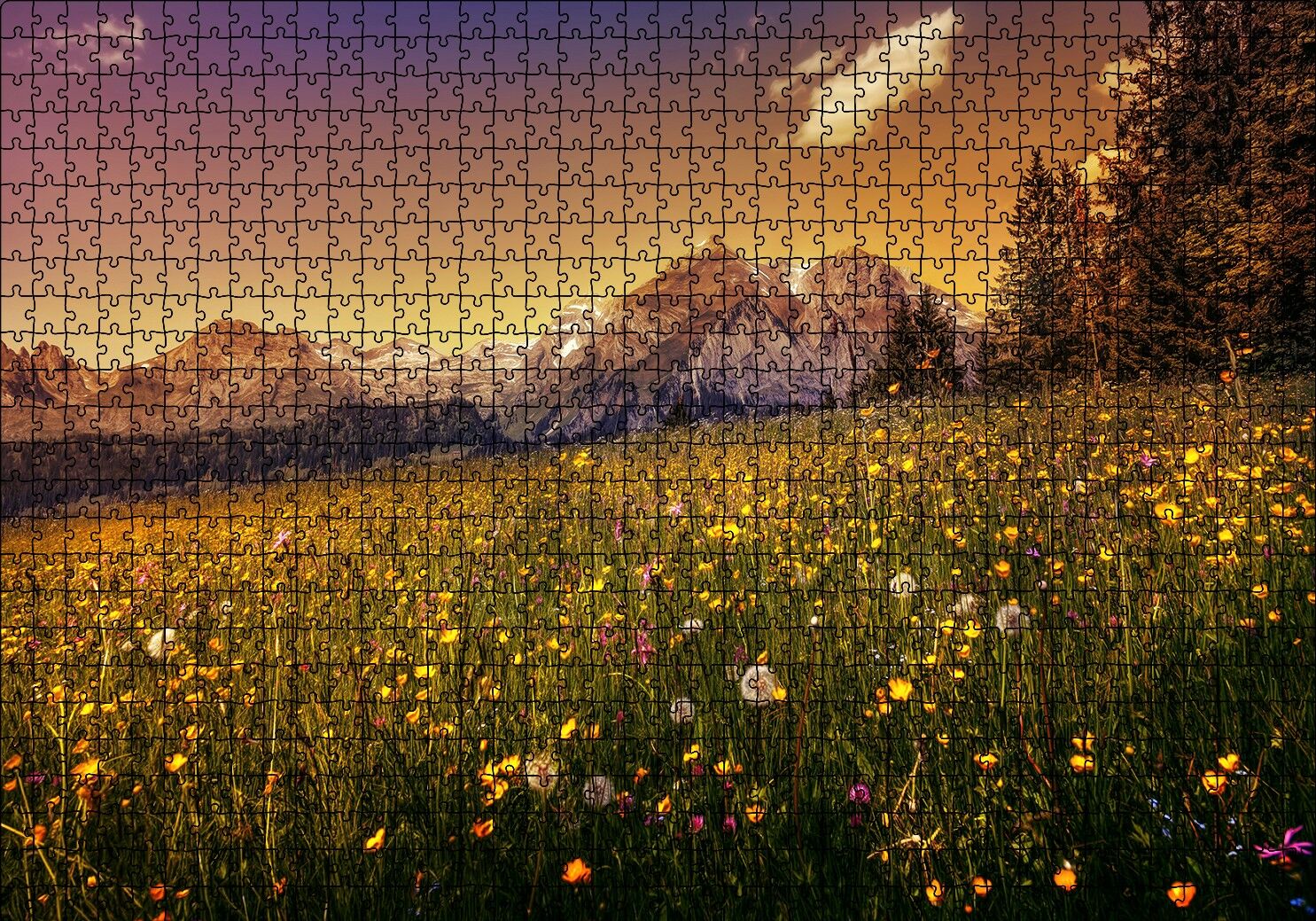 Karlı Zirveler ve Karahindiba Çiçekleri Puzzle Yapboz MDF Ahşap 1000 Parça 49 cm X 68 cm