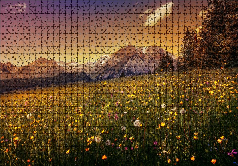 Karlı Zirveler ve Karahindiba Çiçekleri Puzzle Yapboz MDF Ahşap 1000 Parça 49 cm X 68 cm