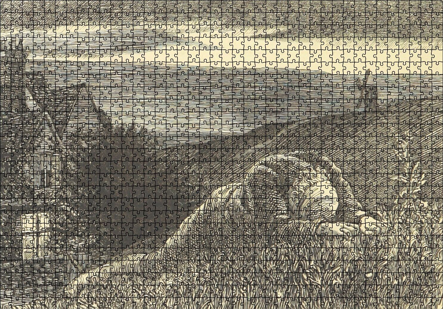 Şato Tepeler Yeldeğirmeni ve Uzanan Adam Puzzle Yapboz MDF Ahşap 1000 Parça 49 cm X 68 cm
