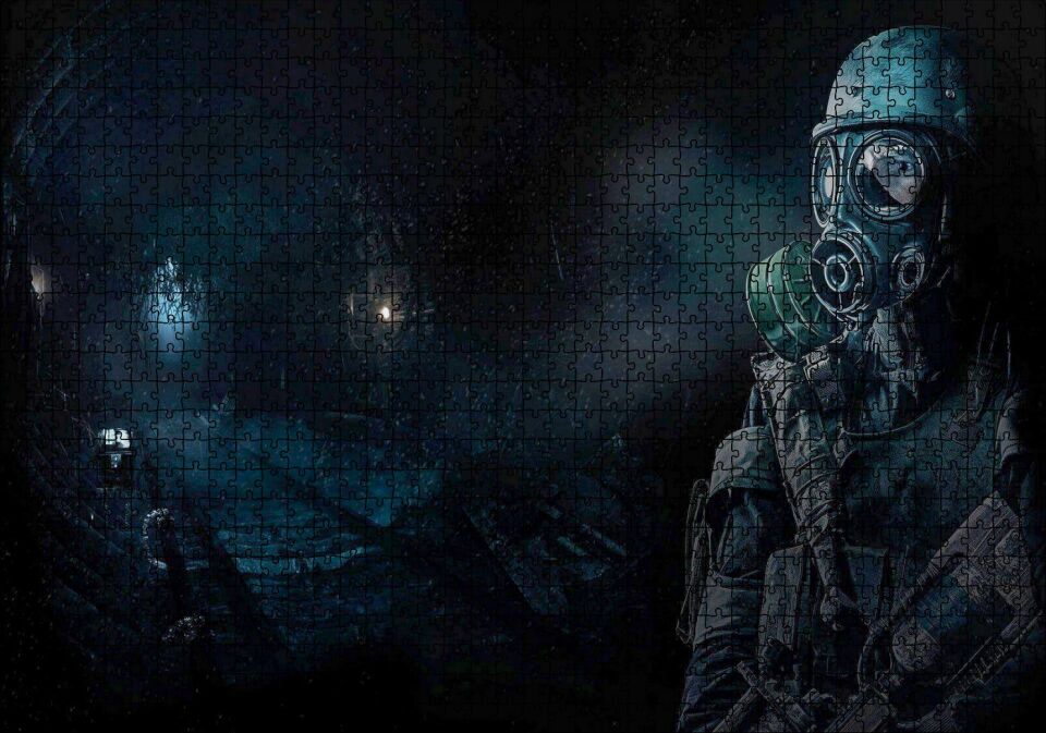 Metro Exodus Gaz Maskeli Adam Karanlık Arka Plan Puzzle Yapboz MDF Ahşap 1000 Parça 49 cm X 68 cm
