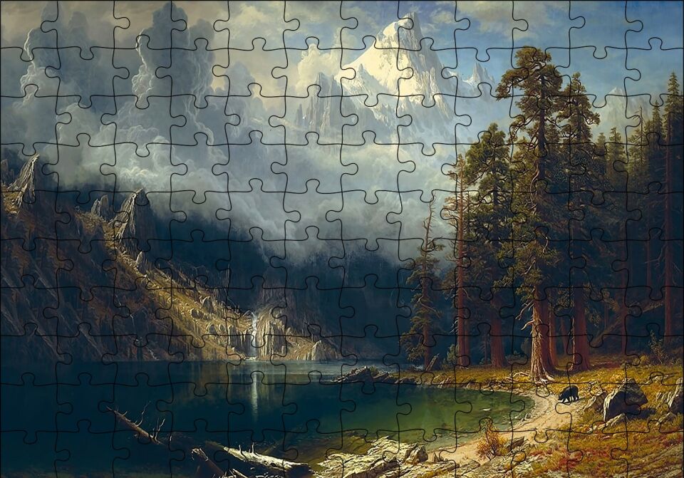 Dağ Gölü, Orman ve Karlı Zirve Yağlı Boya Puzzle Yapboz MDF Ahşap