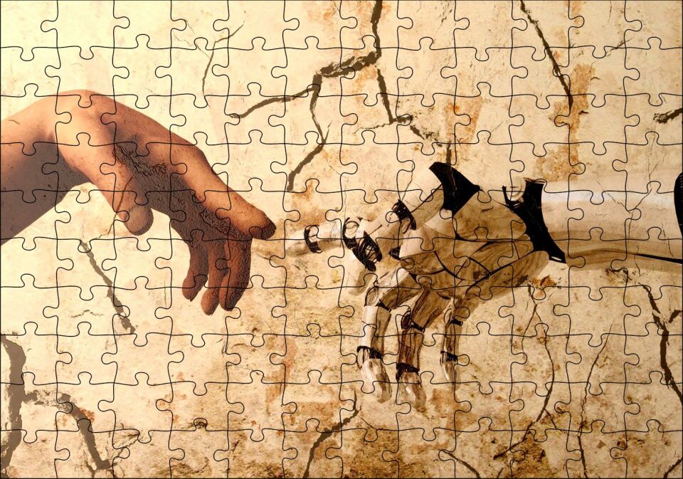 Tanrı'nın Eli ve Robot Eli Revizyon Puzzle Yapboz MDF Ahşap