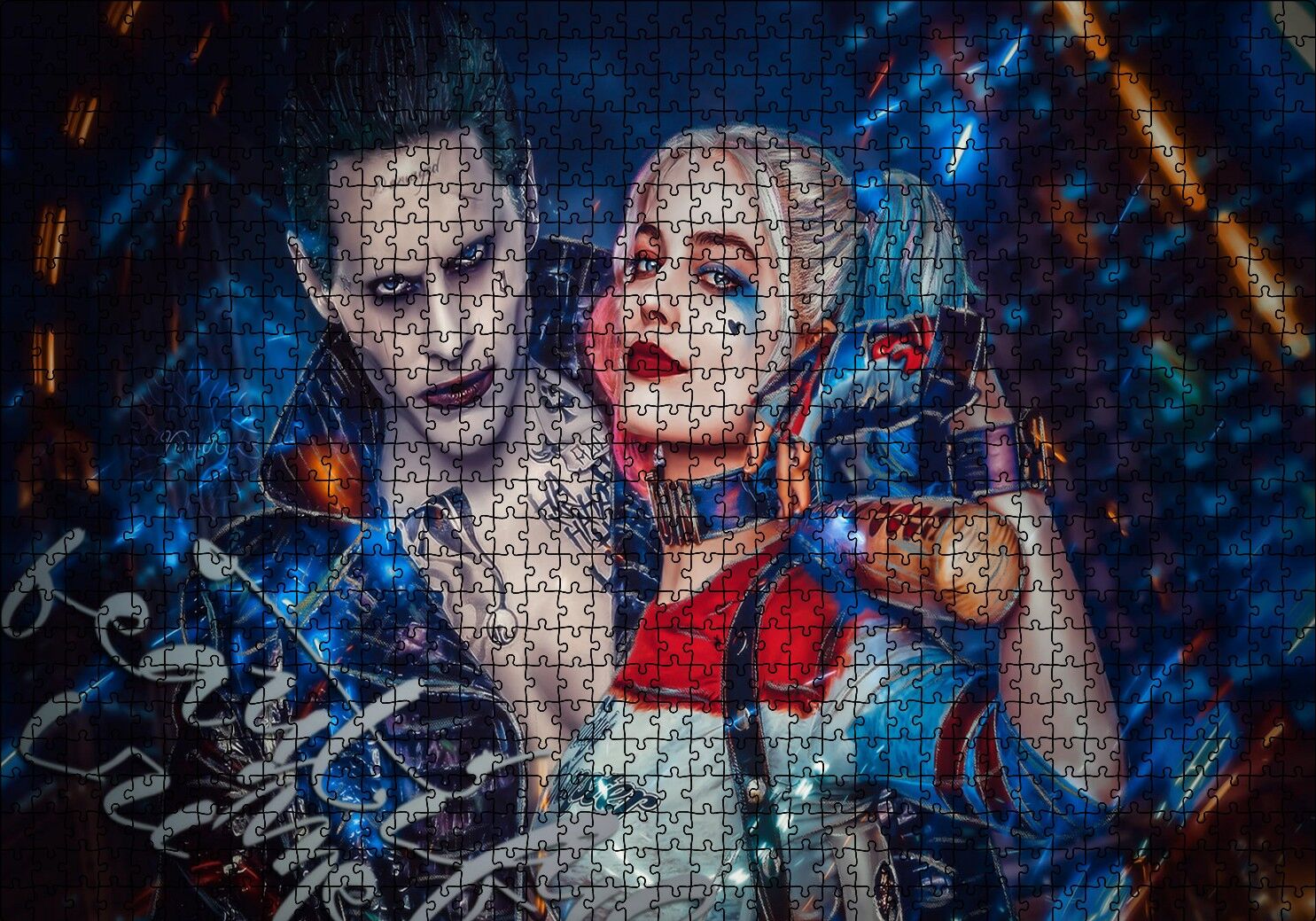 Harley Quinn ve Joker İllüstrasyon Puzzle Yapboz MDF Ahşap 1000 Parça 49 cm X 68 cm