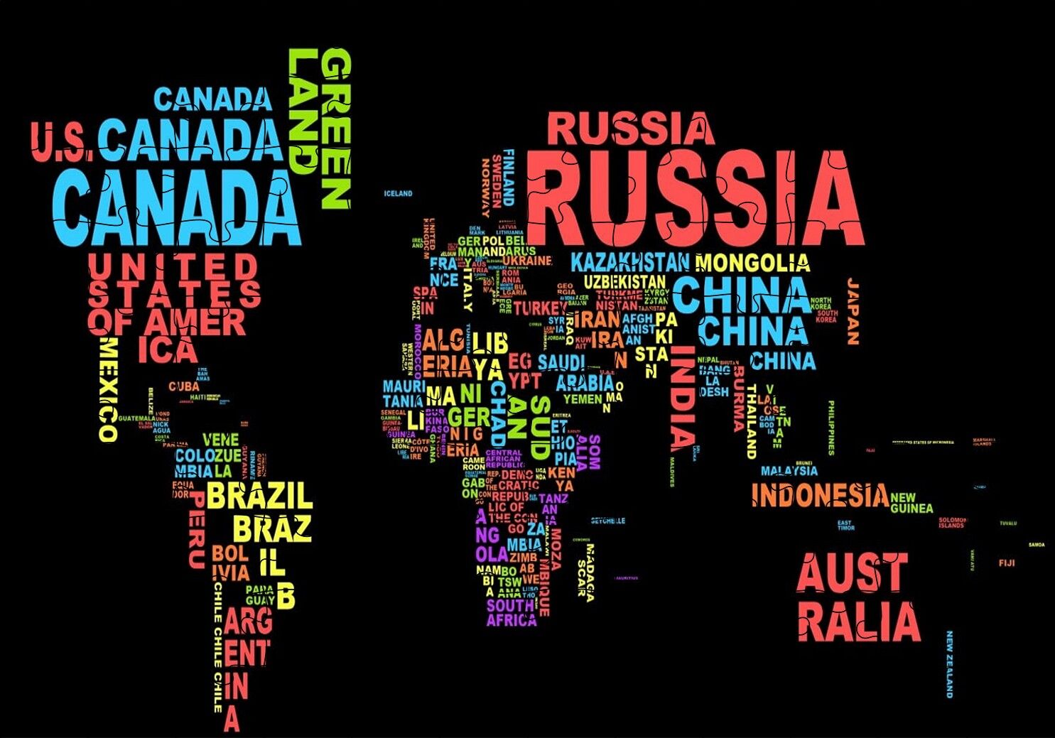 Dünya Haritası Renkli Ülke İsimlerinden Oluşan Puzzle Yapboz MDF Ahşap