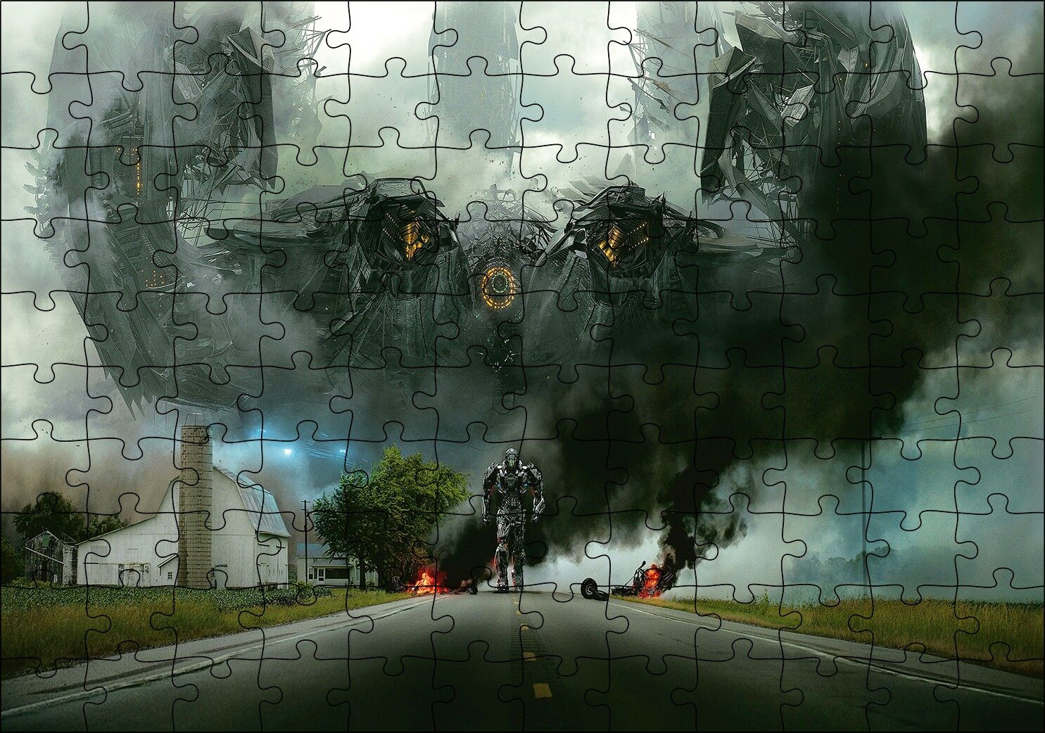 Uzaylı Saldırısı ve Yoldaki Robot Puzzle Yapboz MDF Ahşap