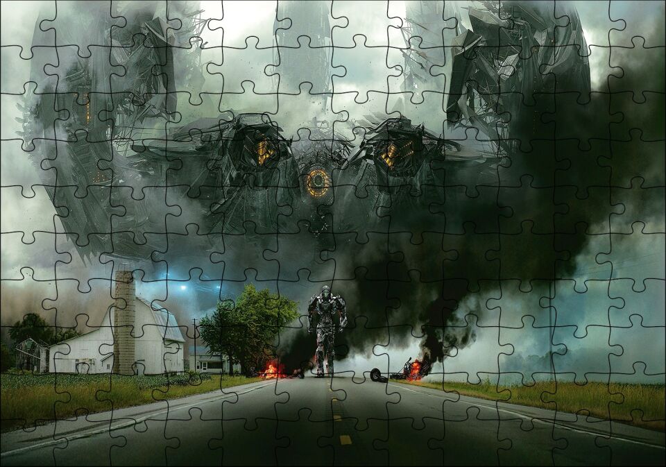 Uzaylı Saldırısı ve Yoldaki Robot Puzzle Yapboz MDF Ahşap