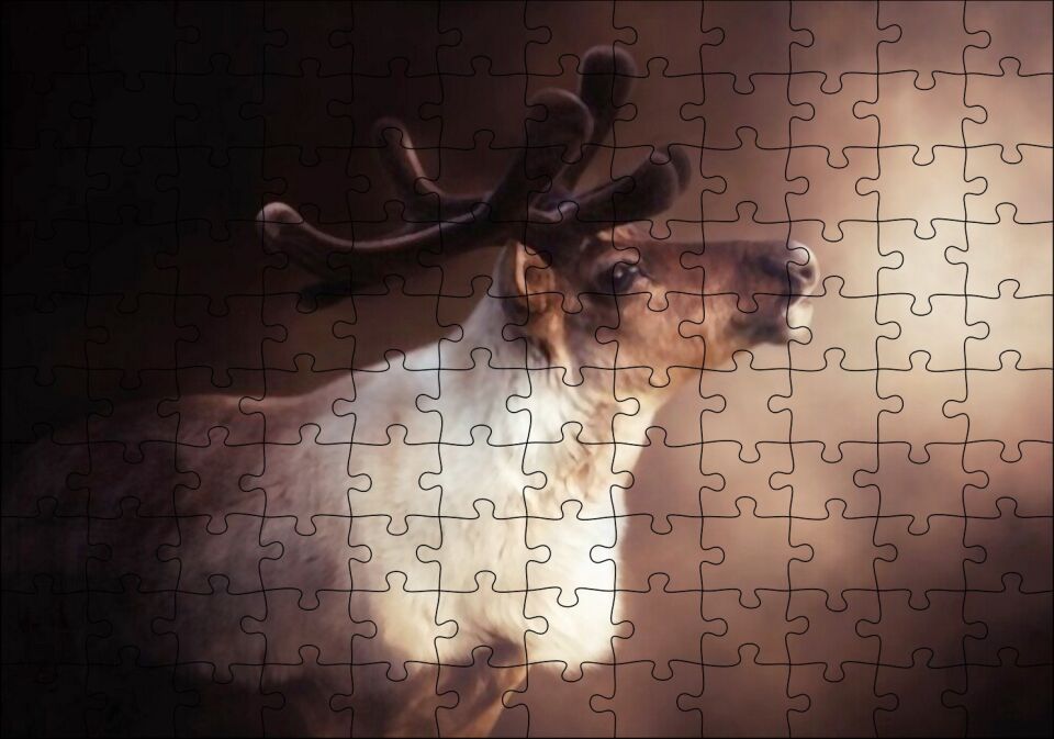 Beyaz Kahve Rengi Geyik Görseli Puzzle Yapboz MDF Ahşap