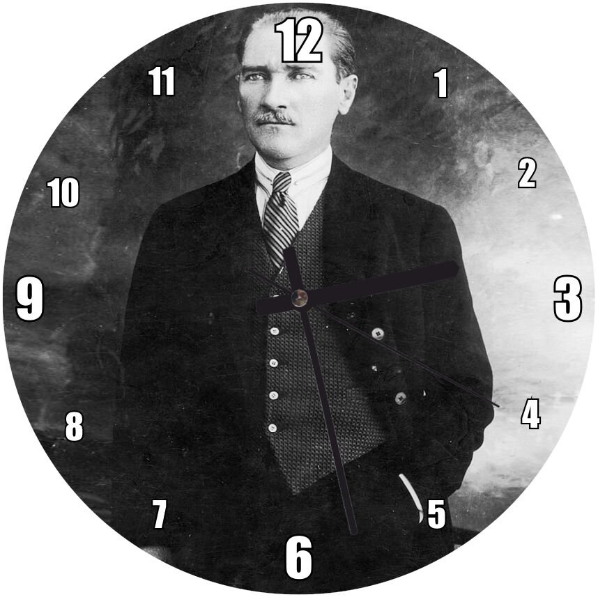 Atatürk Takım Yelek Bıyıklı Ayakta Mdf Ahşap Duvar Saati 50 cm Çap