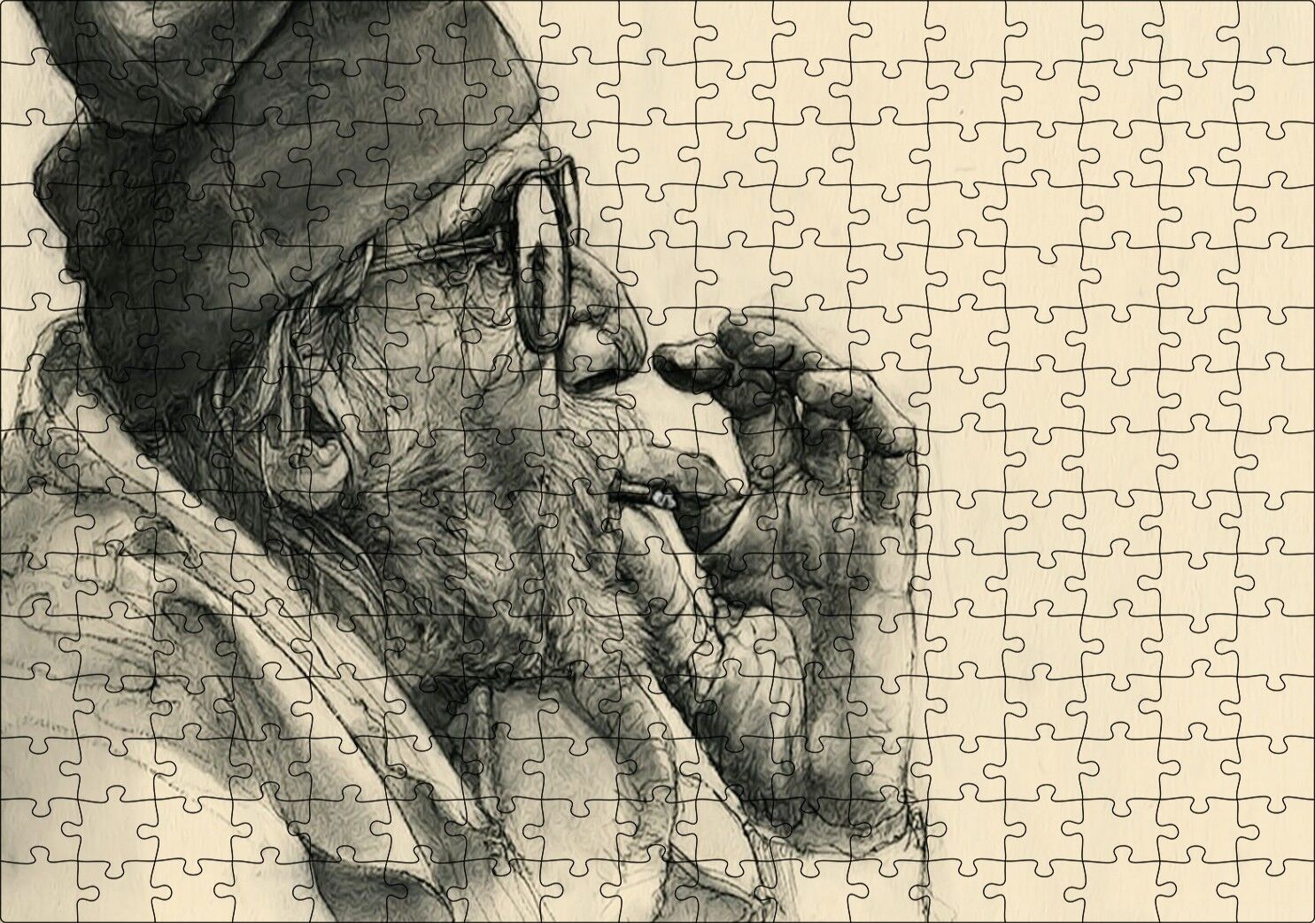 Sigara İçen Gözlüklü Yaşlı İnsan Görseli Puzzle Yapboz MDF Ahşap 255 Parça 34 cm X 49 cm