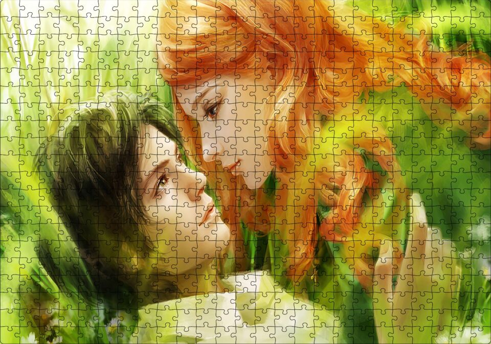 Yeşillikler Arasındaki Genç Kız ve Erkek Çizim Puzzle Yapboz MDF Ahşap 500 Parça 49 cm X 68 cm