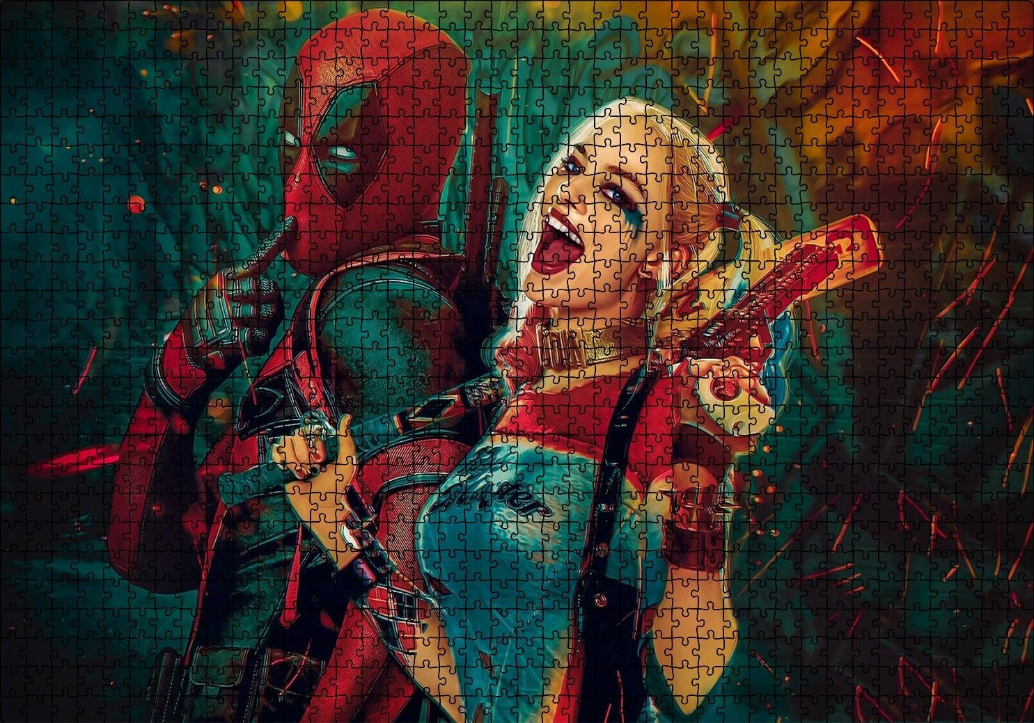 Harley Quinn ve Spider-Man Çizim Puzzle Yapboz MDF Ahşap 1000 Parça 49 cm X 68 cm