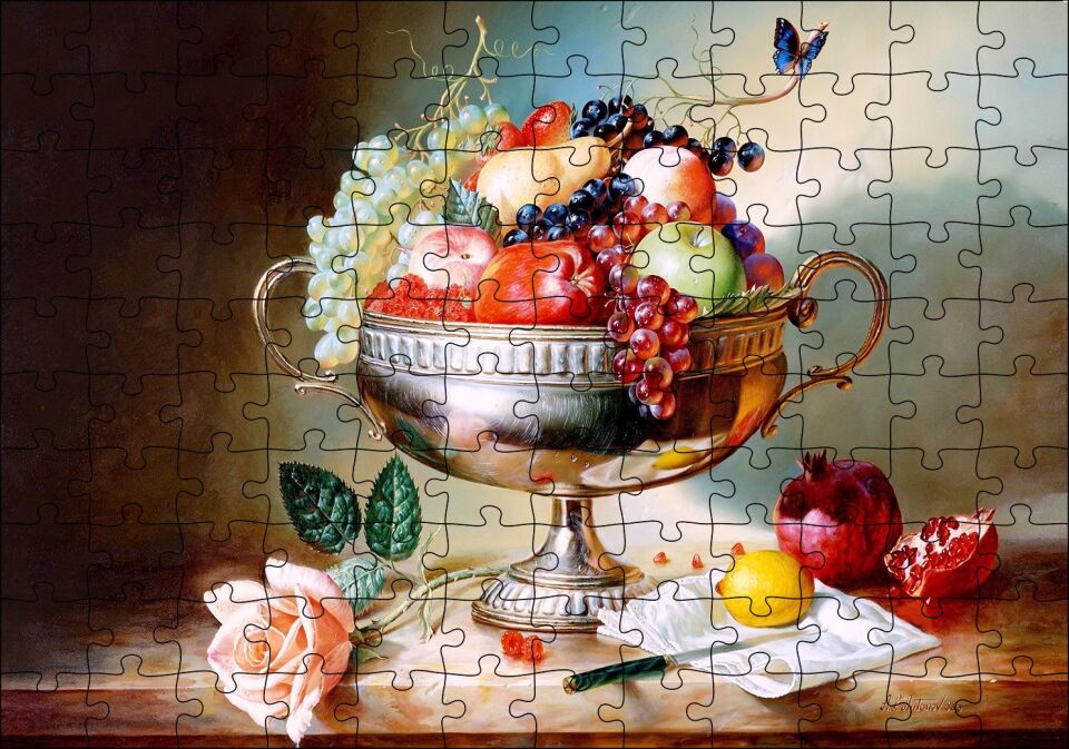 Çiçek Meyve Tabağı Görseli Puzzle Yapboz MDF Ahşap