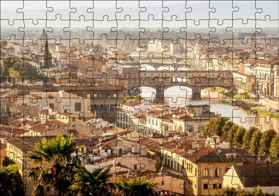 İtalya Şehir Köprüler ve Nehir Manzarası Puzzle Yapboz MDF Ahşap