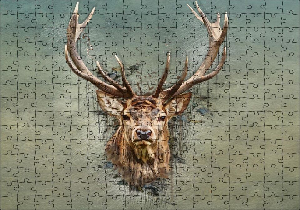 Muhteşem Boynuzlu Geyik Yeşil Zemin Puzzle Yapboz MDF Ahşap 255 Parça 34 cm X 49 cm