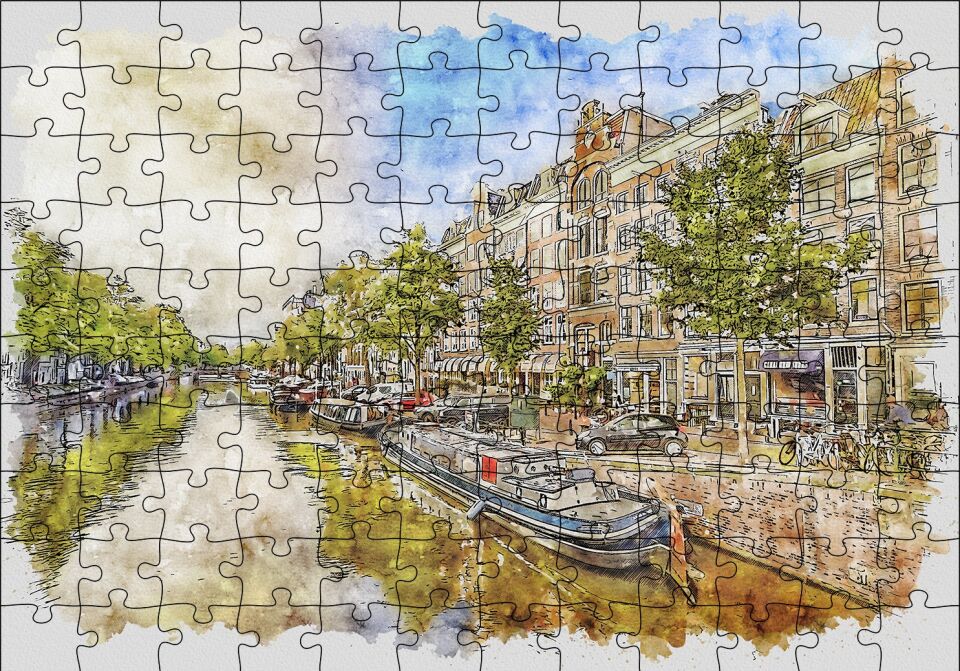 Amsterdam Sulu Boya Resim Puzzle Yapboz MDF Ahşap