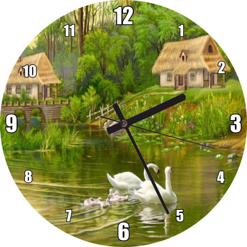 Göl Manzaralı Kulübeler ve Kuğu Çiftiyle Yavruları Mdf Ahşap Duvar Saati