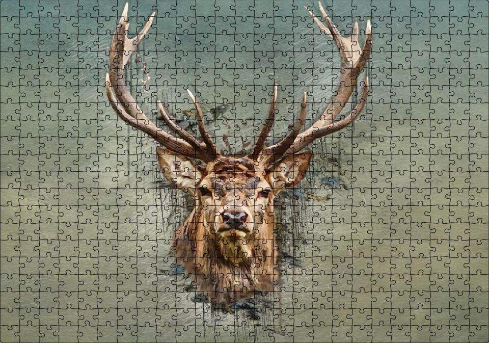 Muhteşem Boynuzlu Geyik Yeşil Zemin Puzzle Yapboz MDF Ahşap 500 Parça 49 cm X 68 cm