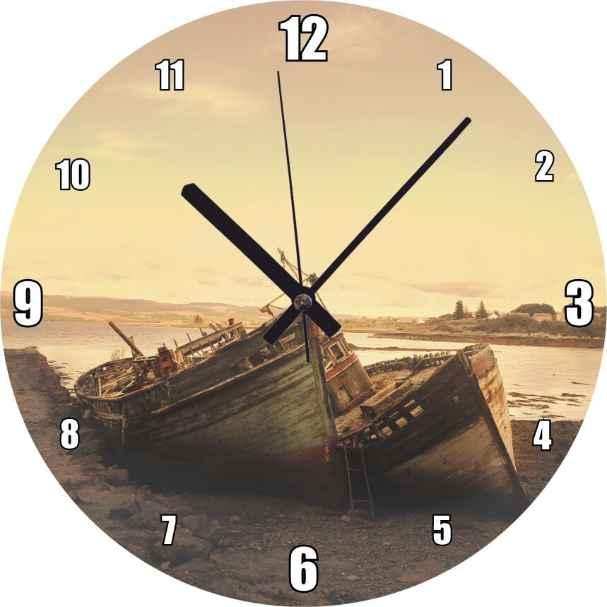 Göl Kıyısında Terkedilmiş Gemiler ve Gündoğumu Mdf Ahşap Duvar Saati