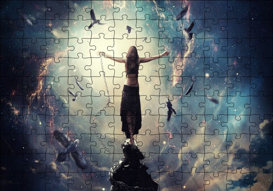 Kır Zİncirlerini Kız ve Güneş Işınları Puzzle Yapboz MDF Ahşap 120 Parça 24 cm X 34 cm