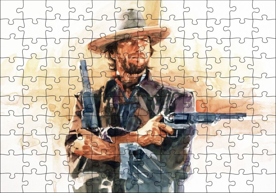 Clint Eastwood ve Çift Silahı Sulu Boya Efekti Puzzle Yapboz MDF Ahşap 120 Parça 24 cm X 34 cm