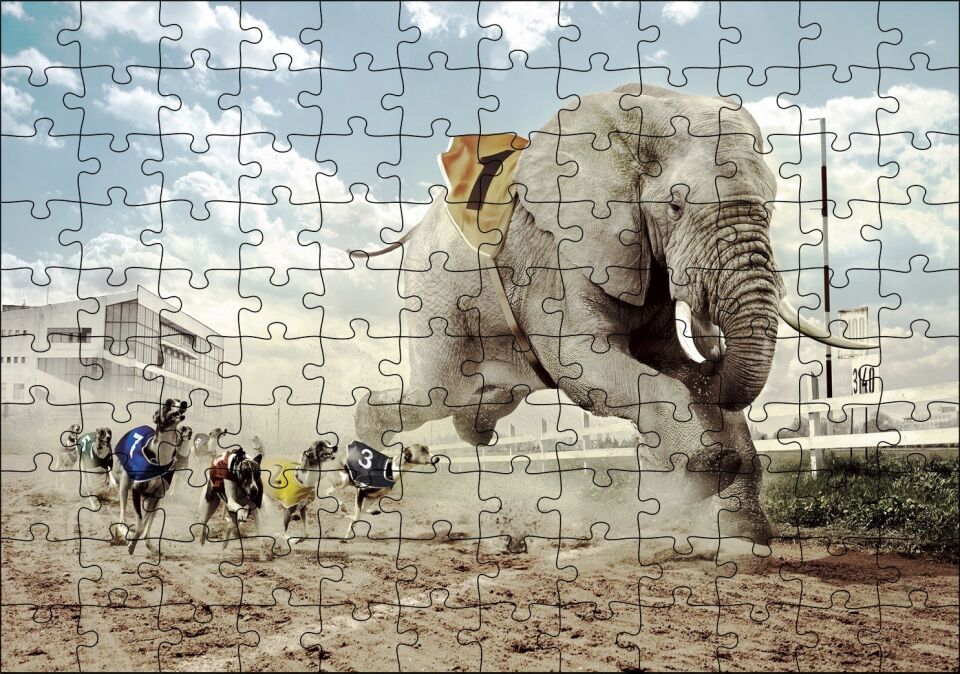 Köpek Yarışına Katılan Fil İllüstrasyon Puzzle Yapboz MDF Ahşap 120 Parça 24 cm X 34 cm