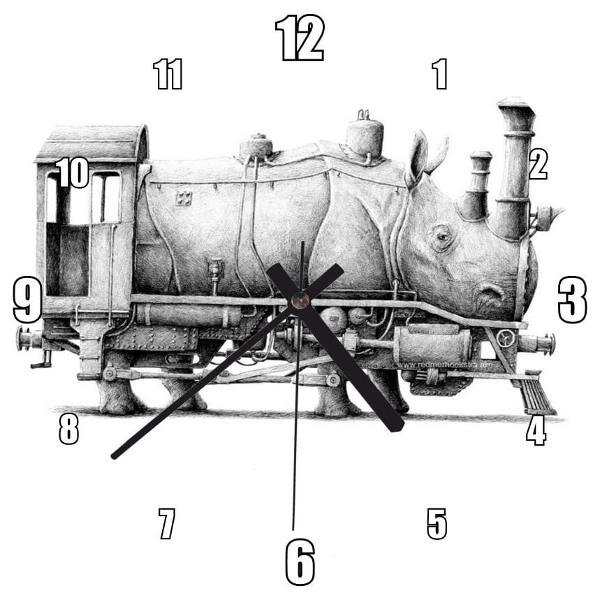 Gergedan ve Lokomotif Karışımı Karakalem Mdf Ahşap Duvar Saati