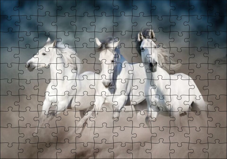 Doğada Koşan Üçlü Beyaz Atlar Görseli Puzzle Yapboz MDF Ahşap