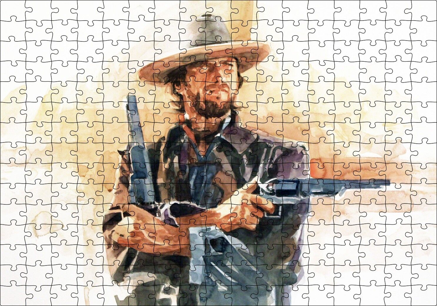 Clint Eastwood ve Çift Silahı Sulu Boya Efekti Puzzle Yapboz MDF Ahşap 255 Parça 34 cm X 49 cm