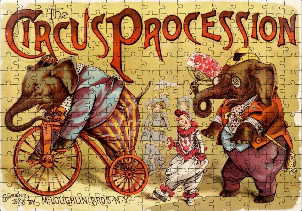 Sirkte Filler ve Palyaçolar Retro Tablo Puzzle Yapboz MDF Ahşap 255 Parça 34 cm X 49 cm