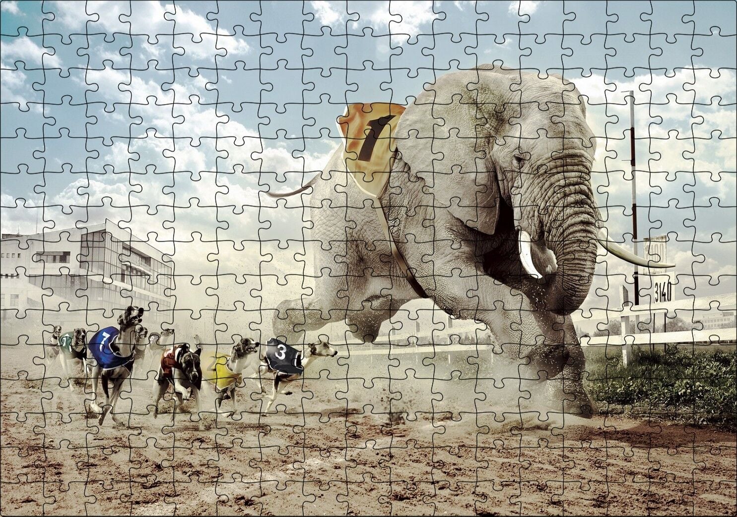 Köpek Yarışına Katılan Fil İllüstrasyon Puzzle Yapboz MDF Ahşap 255 Parça 34 cm X 49 cm