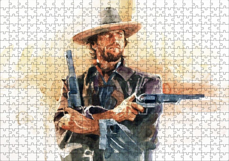 Clint Eastwood ve Çift Silahı Sulu Boya Efekti Puzzle Yapboz MDF Ahşap 500 Parça 49 cm X 68 cm